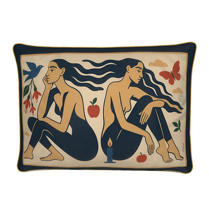 Decorative rectangular luxury velvet pillow/cushion in yellow with artistic design of two women, apples, and a butterfly on a beige background.
