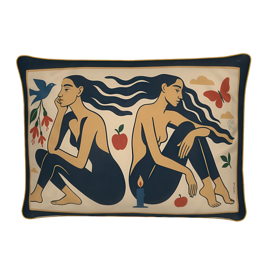 Decorative rectangular luxury velvet pillow/cushion in yellow with artistic design of two women, apples, and a butterfly on a beige background.