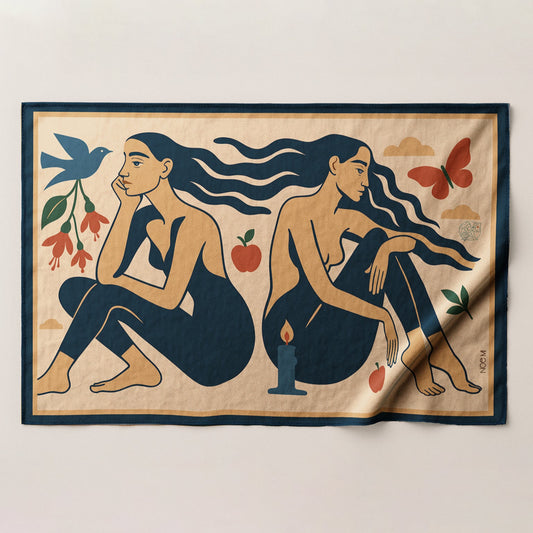 Decorative colorful silk or chiffon pareo/sarong with two women sitting, surrounded by nature elements on a beige background
