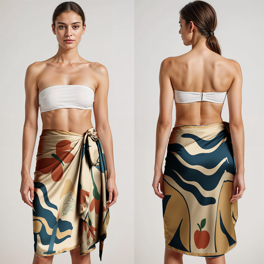 Woman wearing a strapless top and floral colorful silk or chiffon pareo/sarong, shown from front and back on a plain background.