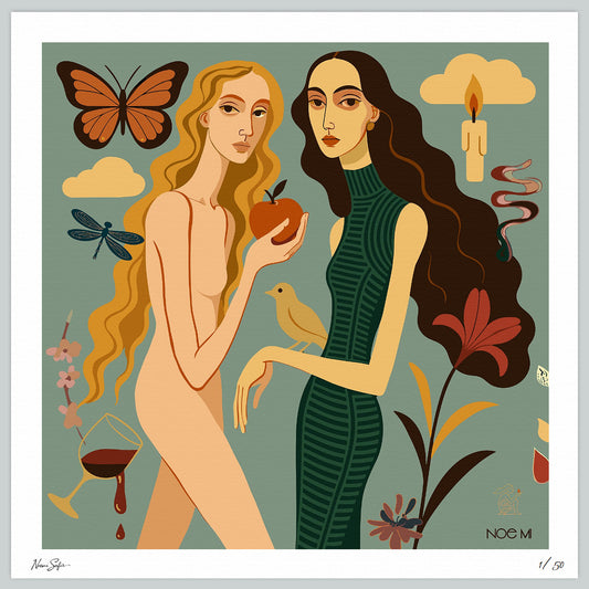 Wall art print by NOE MI of two figures with a butterfly, apple, and candle on a green background