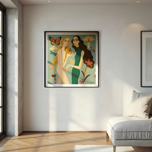 Framed Wall art print by NOE MI of two women with a butterfly and mushroom in a modern living room.