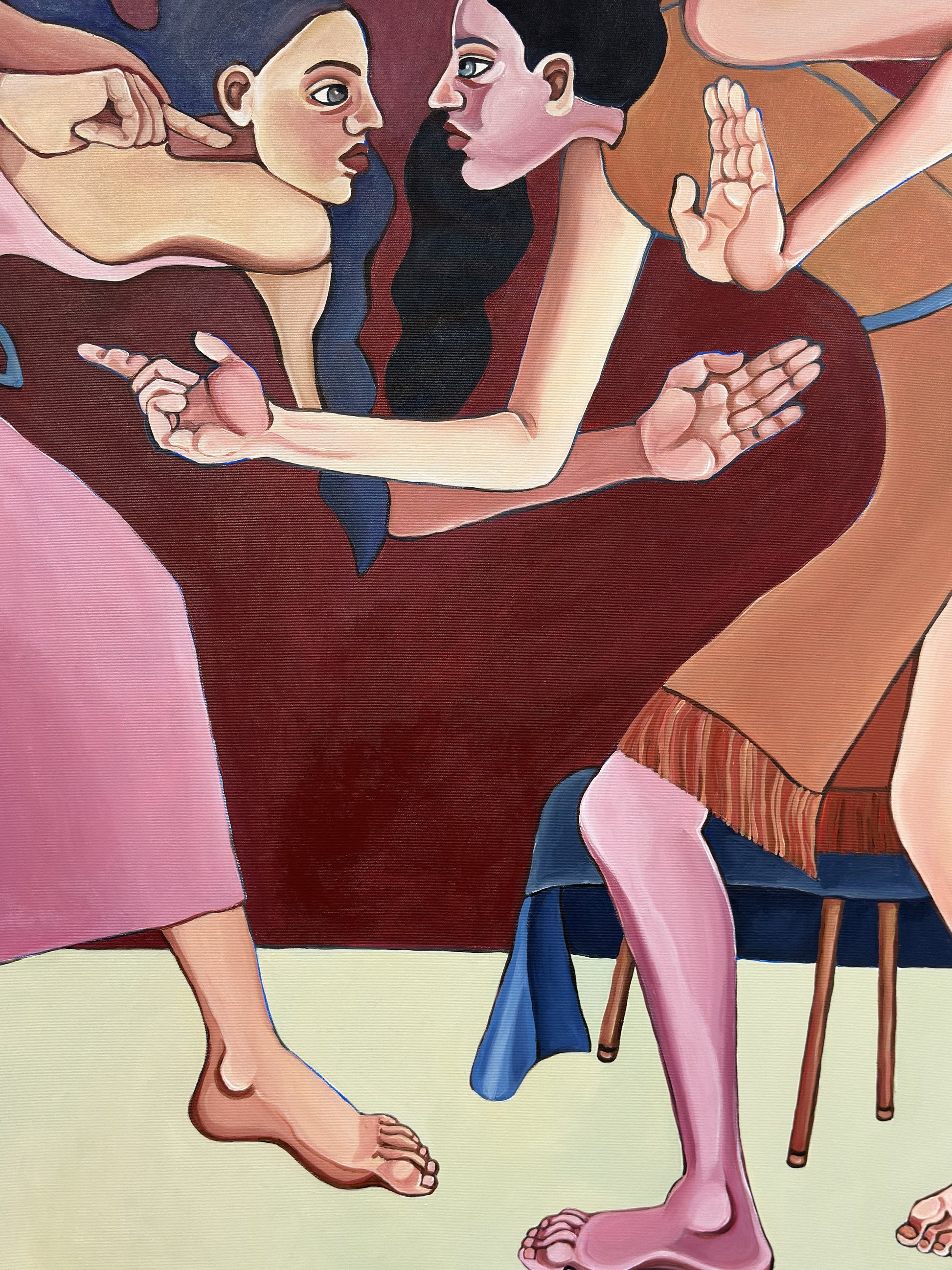 Noemi Safir contemporary figurative painting You’re Being Sensitive, showing one woman leaning forward and another raising her hand in resistance against a deep burgundy background.