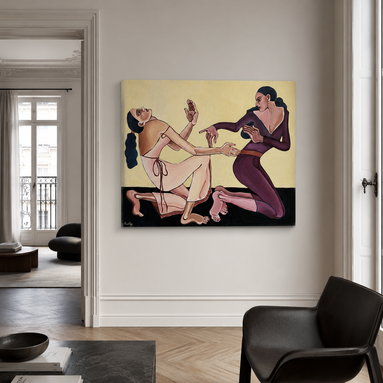 Velvet Tension original painting by Noemi Safir, a contemporary figurative artwork with two female figures, lavender background and deep burgundy body language.
