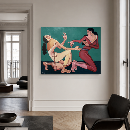 Velvet Tension original painting by Noemi Safir, a contemporary figurative artwork with two female figures, lavender background and deep burgundy body language.
