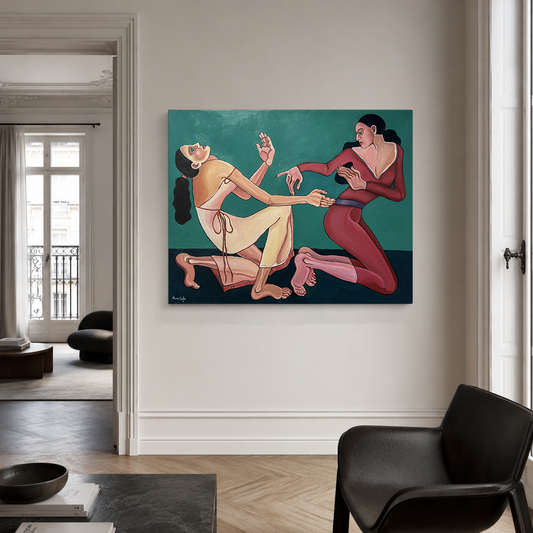Velvet Tension original painting by Noemi Safir, a contemporary figurative artwork with two female figures, lavender background and deep burgundy body language.