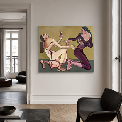 Velvet Tension original painting by Noemi Safir, a contemporary figurative artwork with two female figures, lavender background and deep burgundy body language.