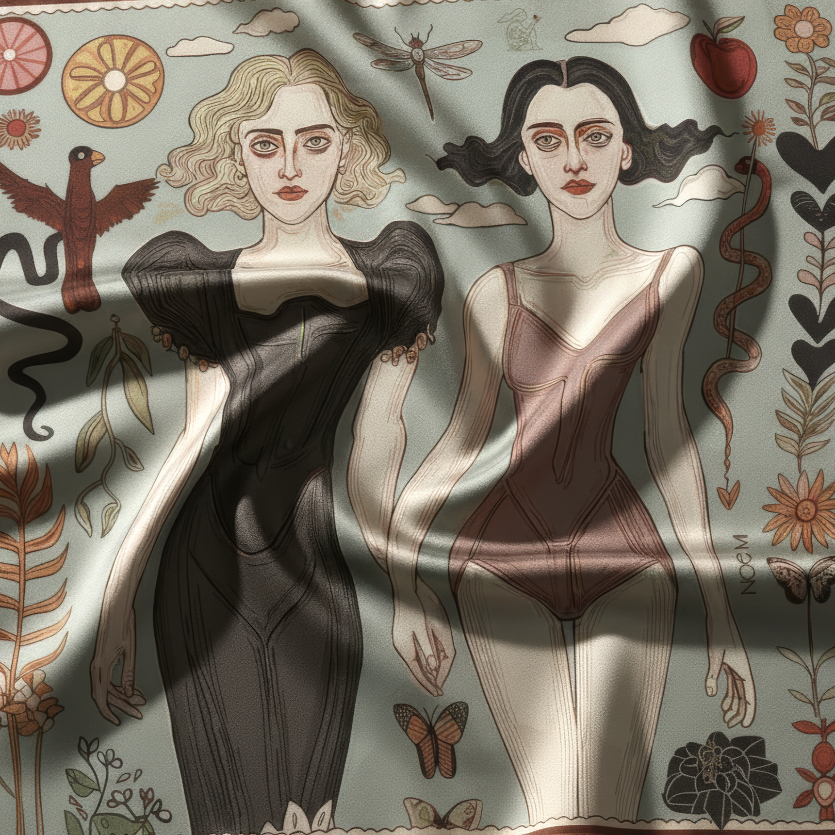 Luxury fashion silk scarf featuring symbolic feminine energy and romantic mysticism by NOEMI