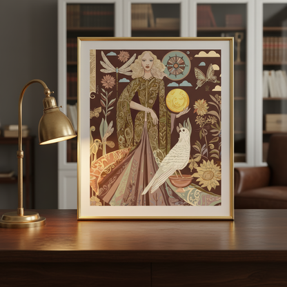 Mystical storytelling artwork with a moon goddess, lush florals, and earthy brown tones, decorative wall art for those who love meaningful, spiritual, and symbolic pieces, by NOE MI