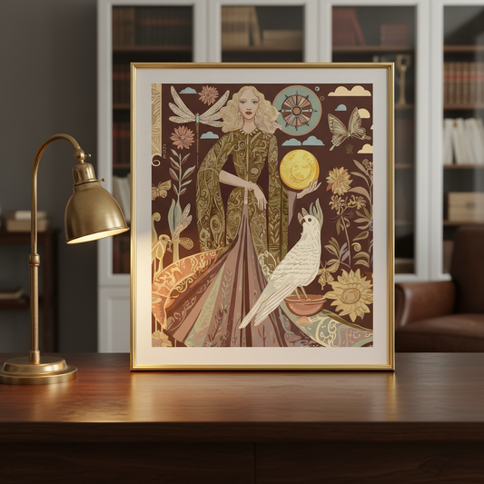 Mystical storytelling artwork with a moon goddess, lush florals, and earthy brown tones, decorative wall art for those who love meaningful, spiritual, and symbolic pieces, by NOE MI