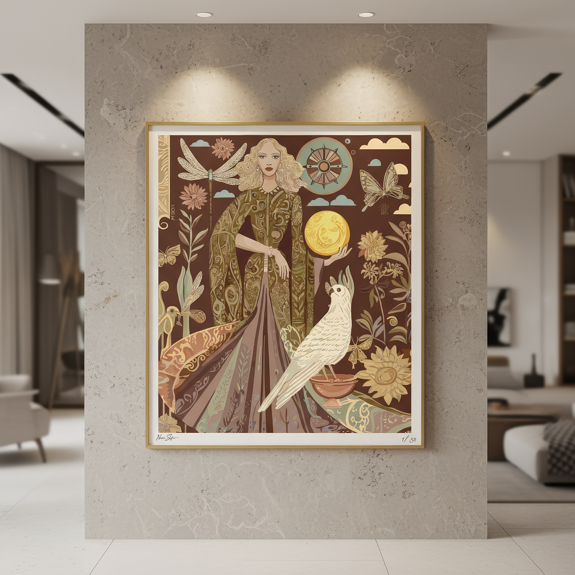 Lunar Empress and the White Parrot , a luxury fine art print for art buyers, interior designers, and anyone seeking empowering and intuitive wall decor, by NOE MI