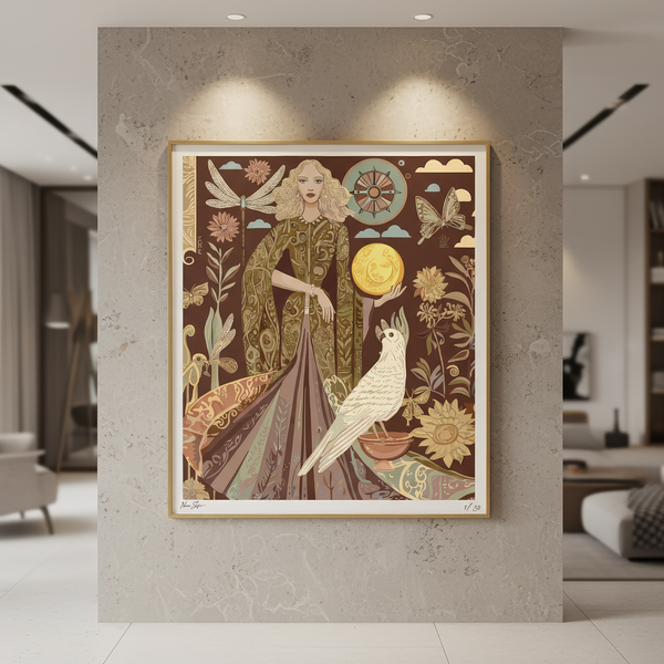Lunar Empress and the White Parrot , a luxury fine art print for art buyers, interior designers, and anyone seeking empowering and intuitive wall decor, by NOE MI