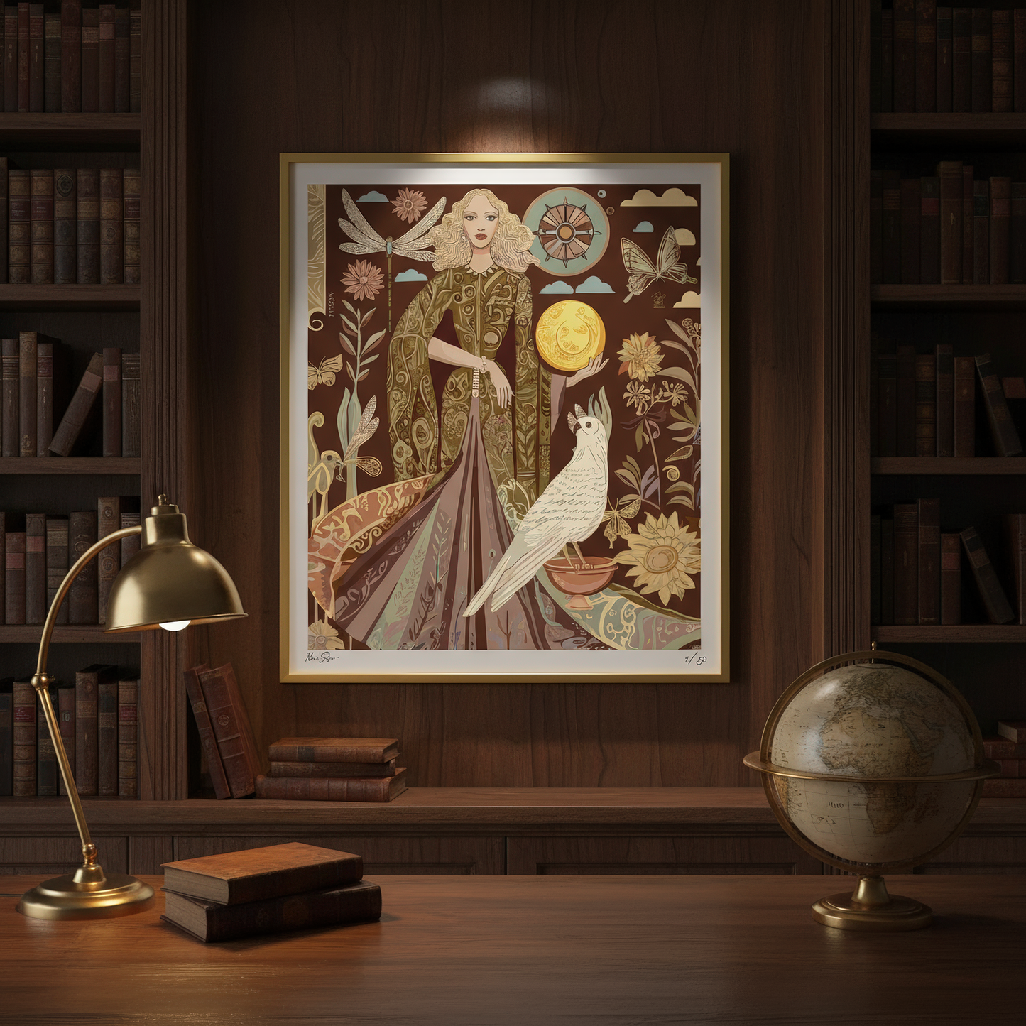 Elegant illustration of lunar goddess in symbolic gown, surrounded by dragonflies, butterflies, and sunflowers, high-end fine art print for home decor lovers and boho interiors. by NOE MI