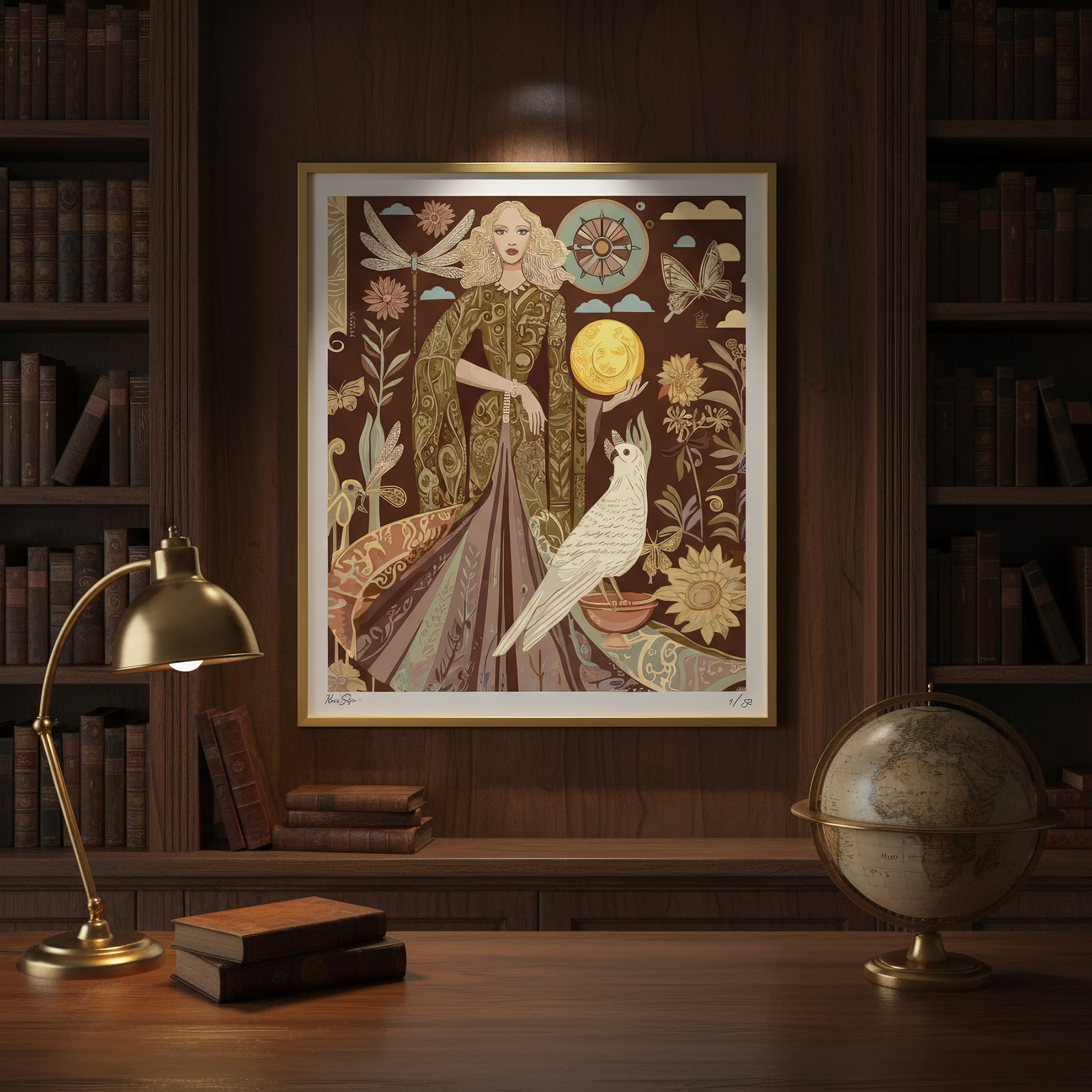 Elegant illustration of lunar goddess in symbolic gown, surrounded by dragonflies, butterflies, and sunflowers, high-end fine art print for home decor lovers and boho interiors. by NOE MI