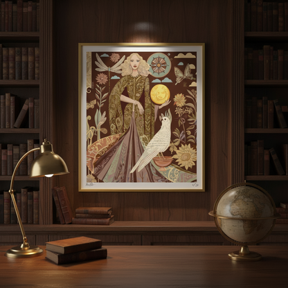 Elegant illustration of lunar goddess in symbolic gown, surrounded by dragonflies, butterflies, and sunflowers, high-end fine art print for home decor lovers and boho interiors. by NOE MI