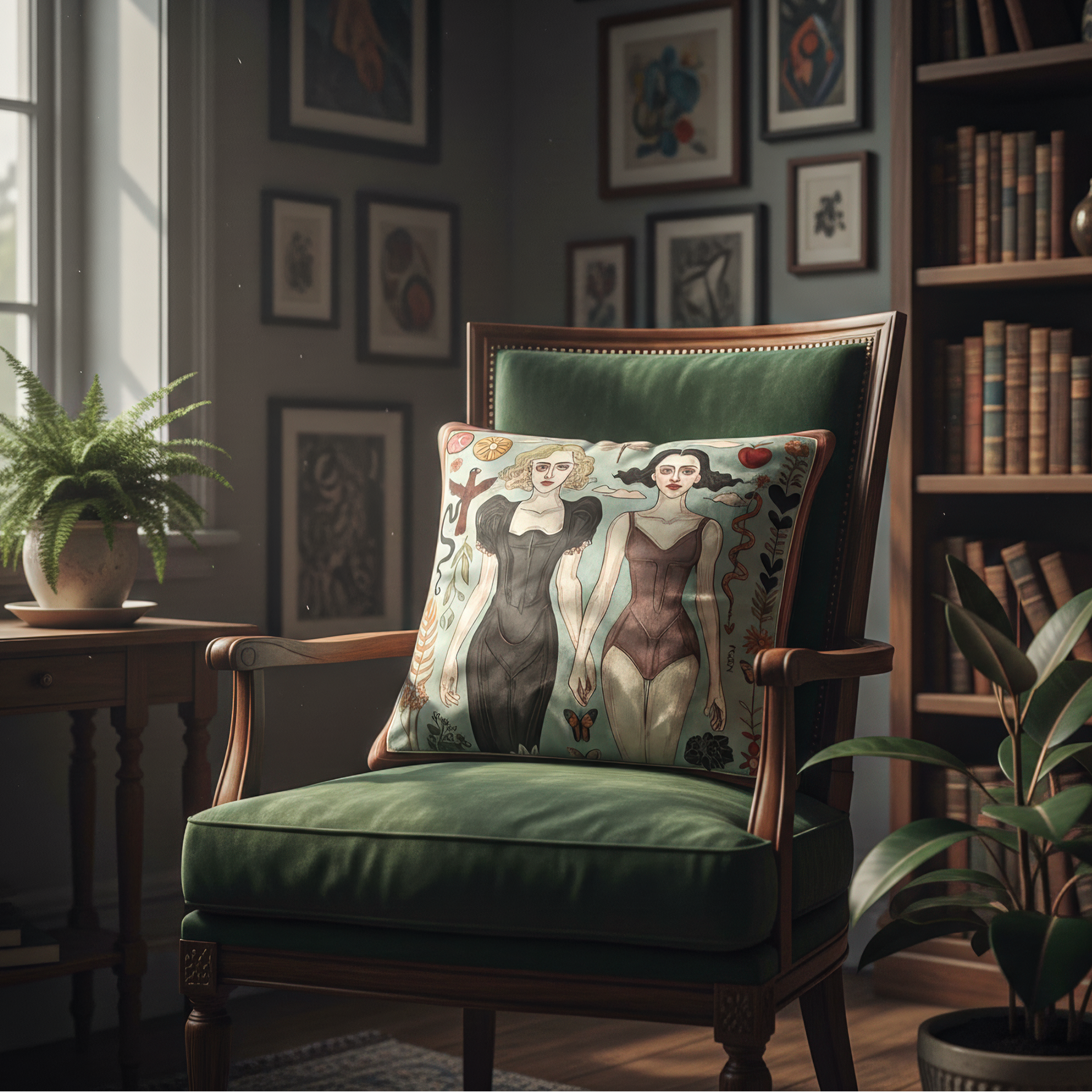 Stylish throw pillow with feminine surreal illustration by NOE MI , modern home decor with storytelling and emotion.