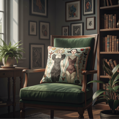 Stylish throw pillow with feminine surreal illustration by NOE MI , modern home decor with storytelling and emotion.