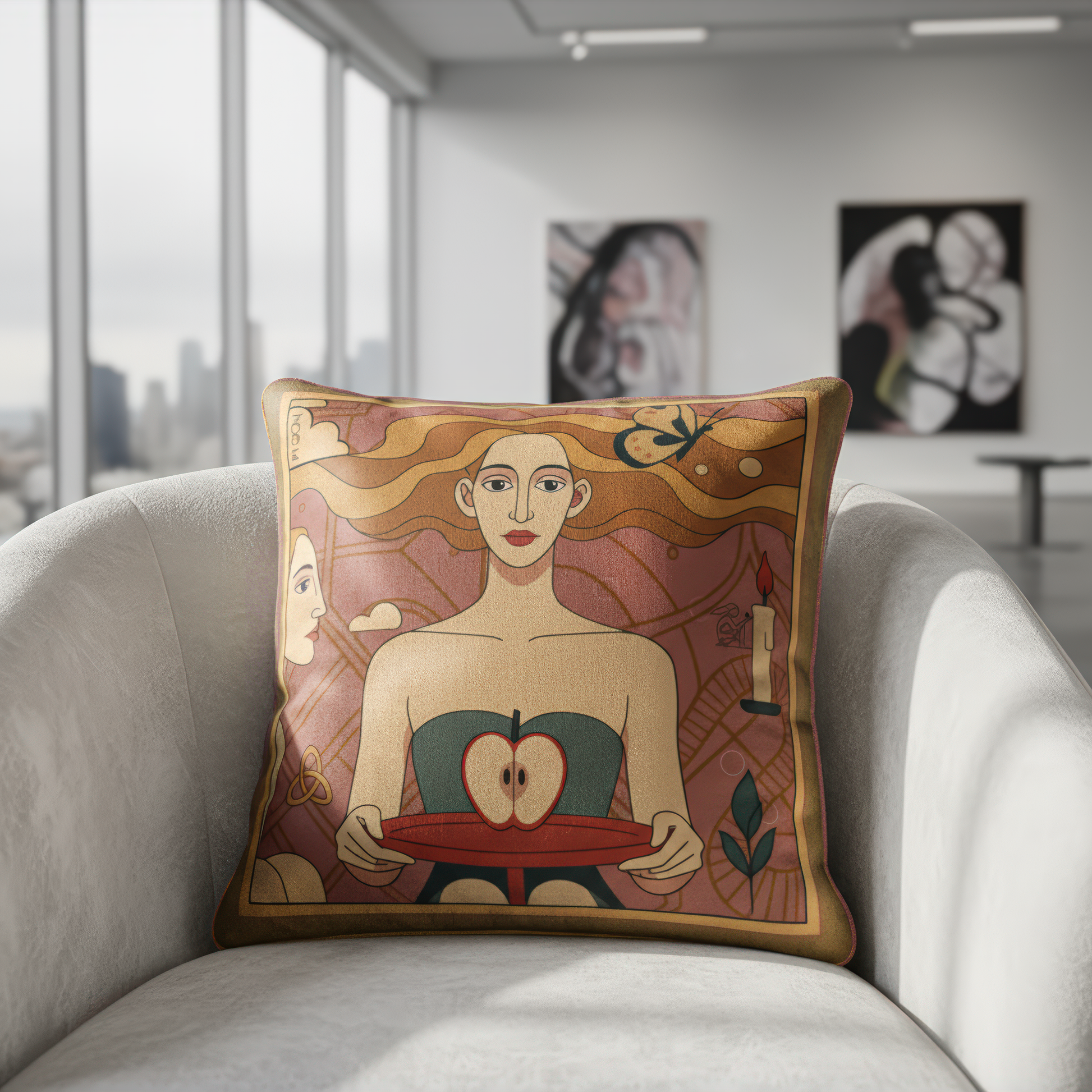 NOE MI square velvet art cushion titled "The Forbidden Apple", featuring a stylized woman holding a split apple in symbolic reference to temptation and inner power, perfect for bold modern interiors.
