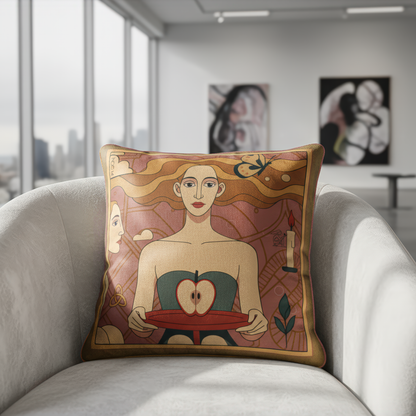 NOE MI square velvet art cushion titled "The Forbidden Apple", featuring a stylized woman holding a split apple in symbolic reference to temptation and inner power, perfect for bold modern interiors.