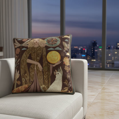NOE MI artistic home decor square cushion with mystical symbols, perfect for design-forward homes seeking meaning and visual poetry in everyday spaces.