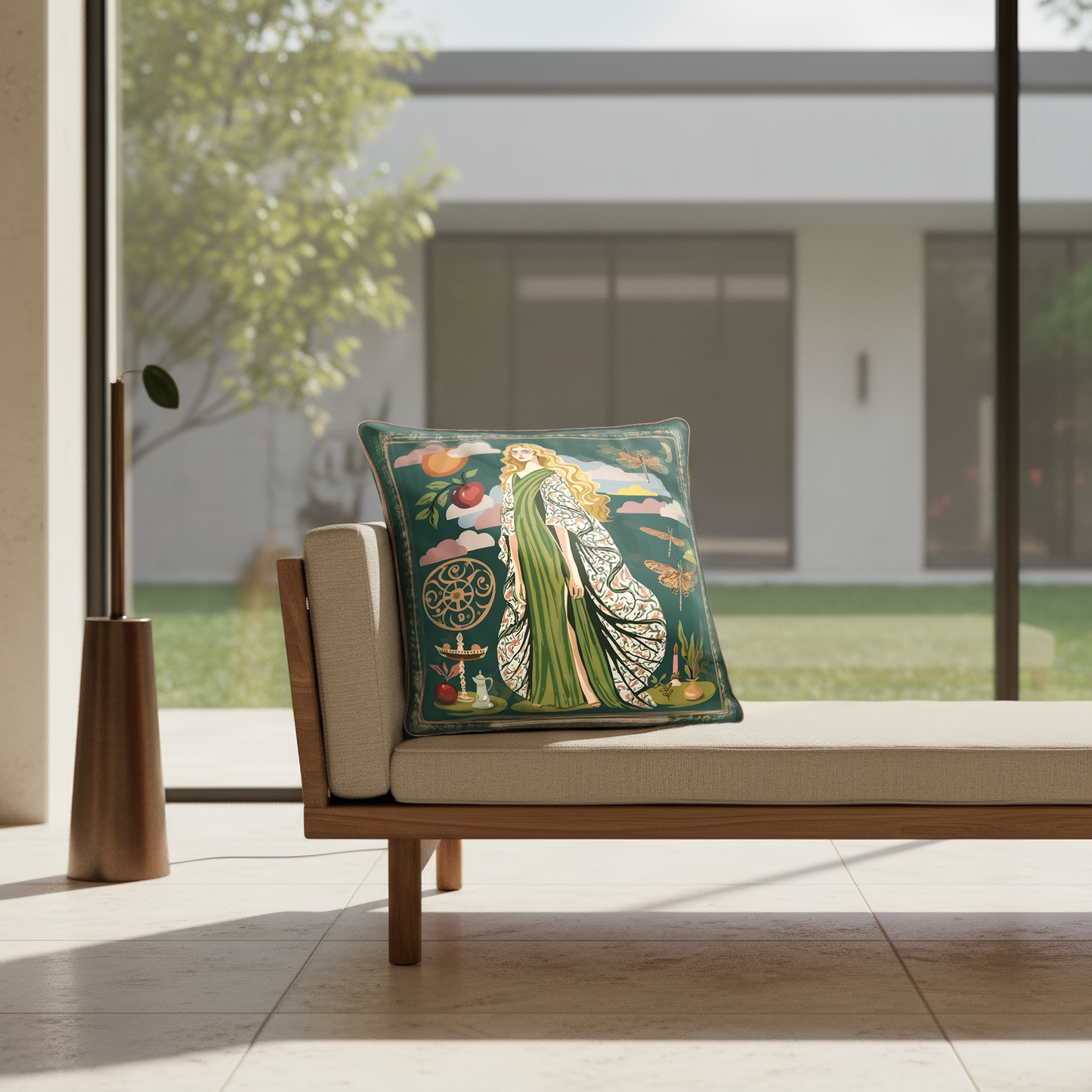 NOE MI luxury decorative cushion, Gown Stories artwork with symbolic female figure, dragonflies, and apple, velvet designer pillow for global interiors.