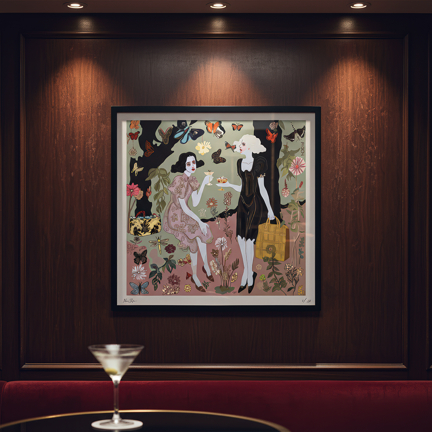 Wall art view of NOE MI Butterfly Gossip fine print, capturing transformation and femininity with surreal elegance.