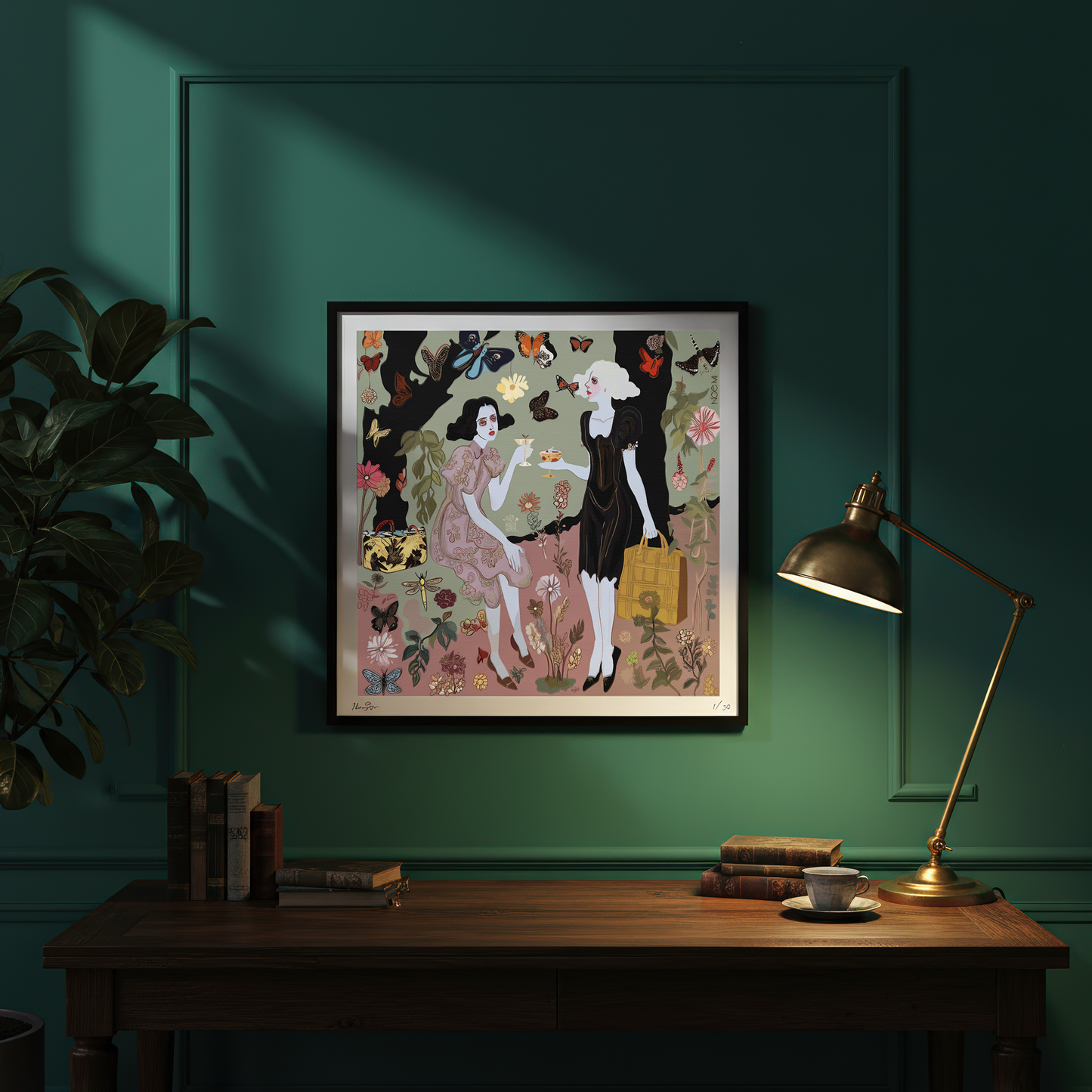 NOE MI Butterfly Gossip art print by Noemi Safir featuring surreal butterflies and soft symbolic storytelling in a dreamy color palette.