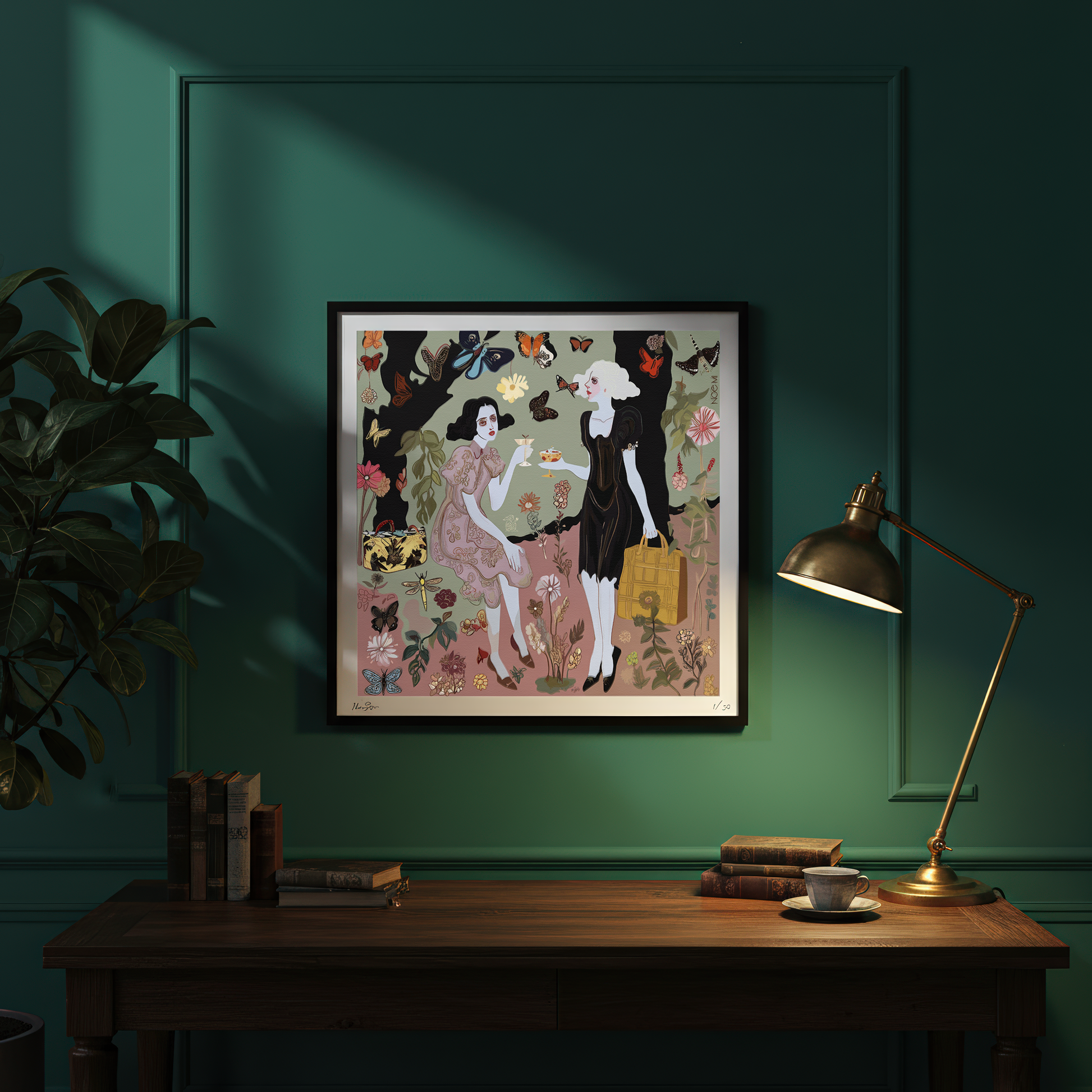 NOE MI Butterfly Gossip art print by Noemi Safir featuring surreal butterflies and soft symbolic storytelling in a dreamy color palette.