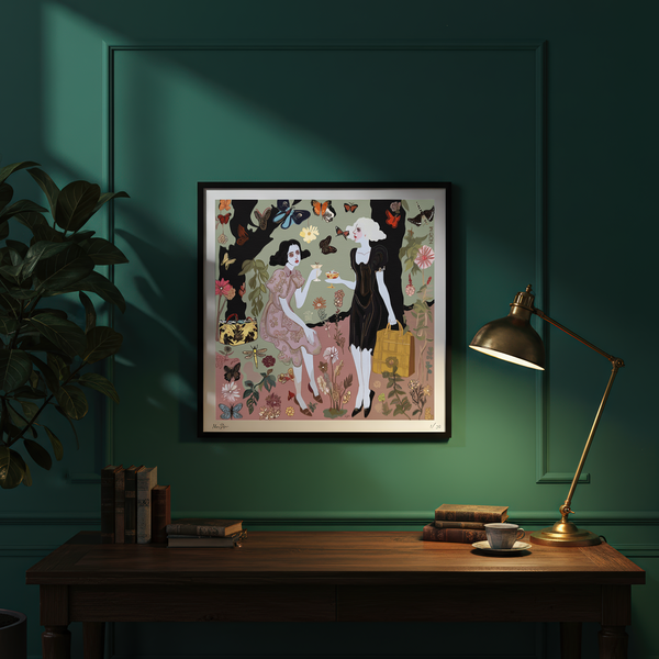 NOE MI Butterfly Gossip art print by Noemi Safir featuring surreal butterflies and soft symbolic storytelling in a dreamy color palette.