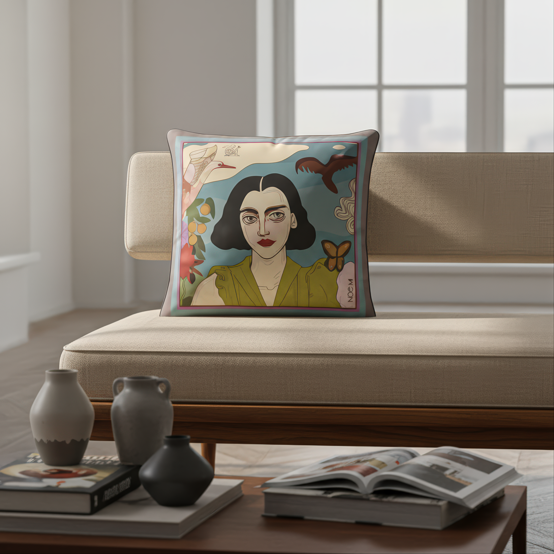 With its symbolic detail and rich palette, this artistic printed cushion by NOE MI art couture fits into every fashion-inspired home and collector spaces.