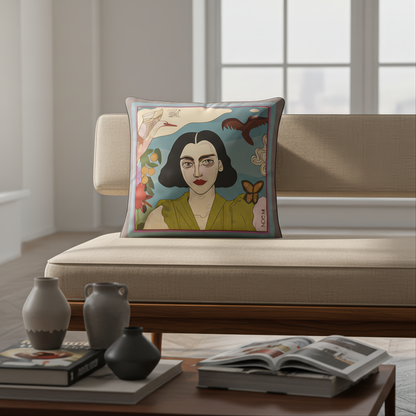 With its symbolic detail and rich palette, this artistic printed cushion by NOE MI art couture fits into every fashion-inspired home and collector spaces.