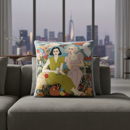 The Picnic cushion by NOE MI tells a story of freedom, feminine energy, and fantasy, inviting the viewer to escape into beauty.