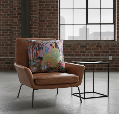 Decorative art cushion by NOE MI with a mystical owl and contemplative woman, ideal for design lovers seeking emotional and symbolic home decor.