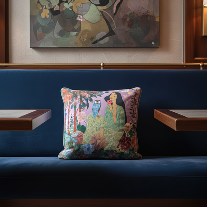 High-end NOE MI cushion with neutral tones and surreal symbolism, perfect for luxury sofas, reading corners, or statement beds.