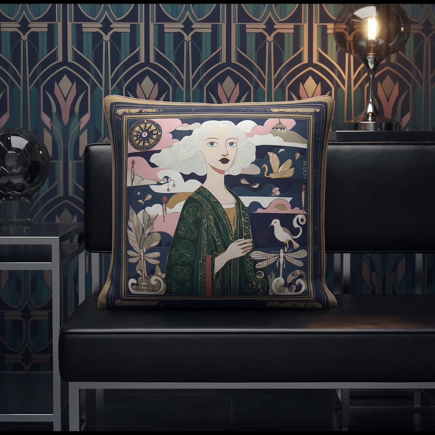 NOE MI Golden Threads Emerald cushion is a luxury velvet shimmer cushion with soft touch finish and piping edges created for high end home decor styling.