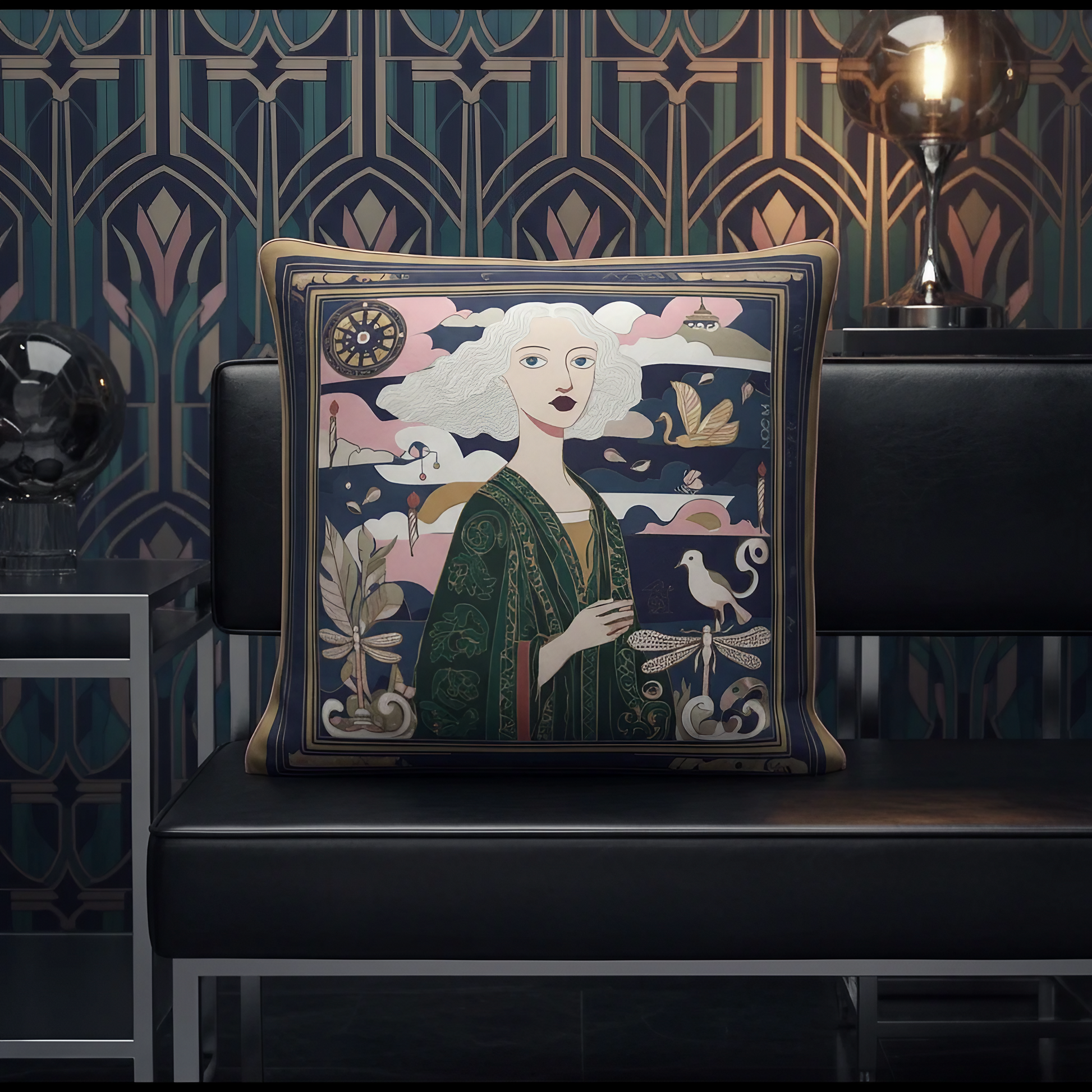 NOE MI Golden Threads Emerald cushion is a luxury velvet shimmer cushion with soft touch finish and piping edges created for high end home decor styling.