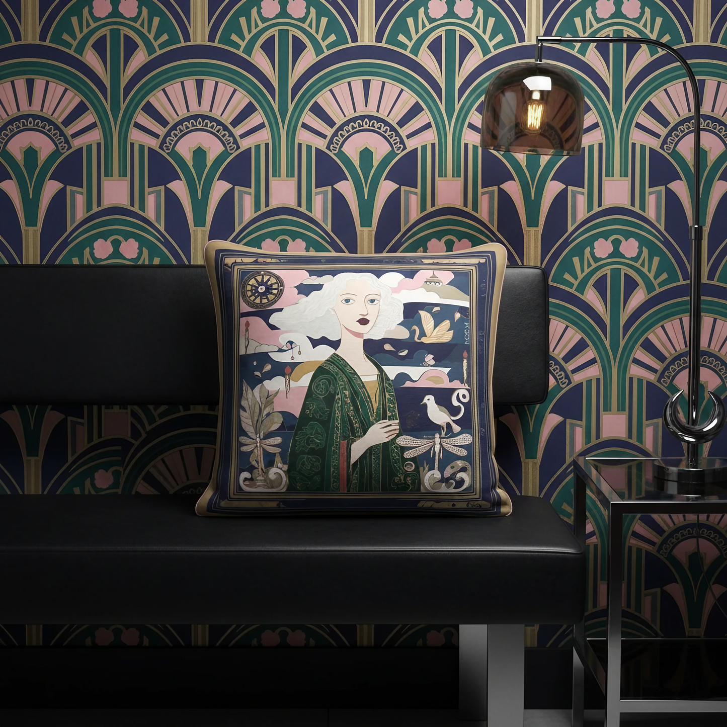NOE MI Golden Threads Emerald cushion is a premium designer cushion combining emerald green, navy blue, blush, and gold tones for balanced and luxurious interiors.