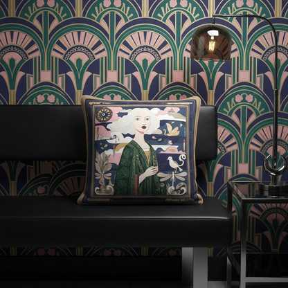 NOE MI Golden Threads Emerald cushion is a premium designer cushion combining emerald green, navy blue, blush, and gold tones for balanced and luxurious interiors.