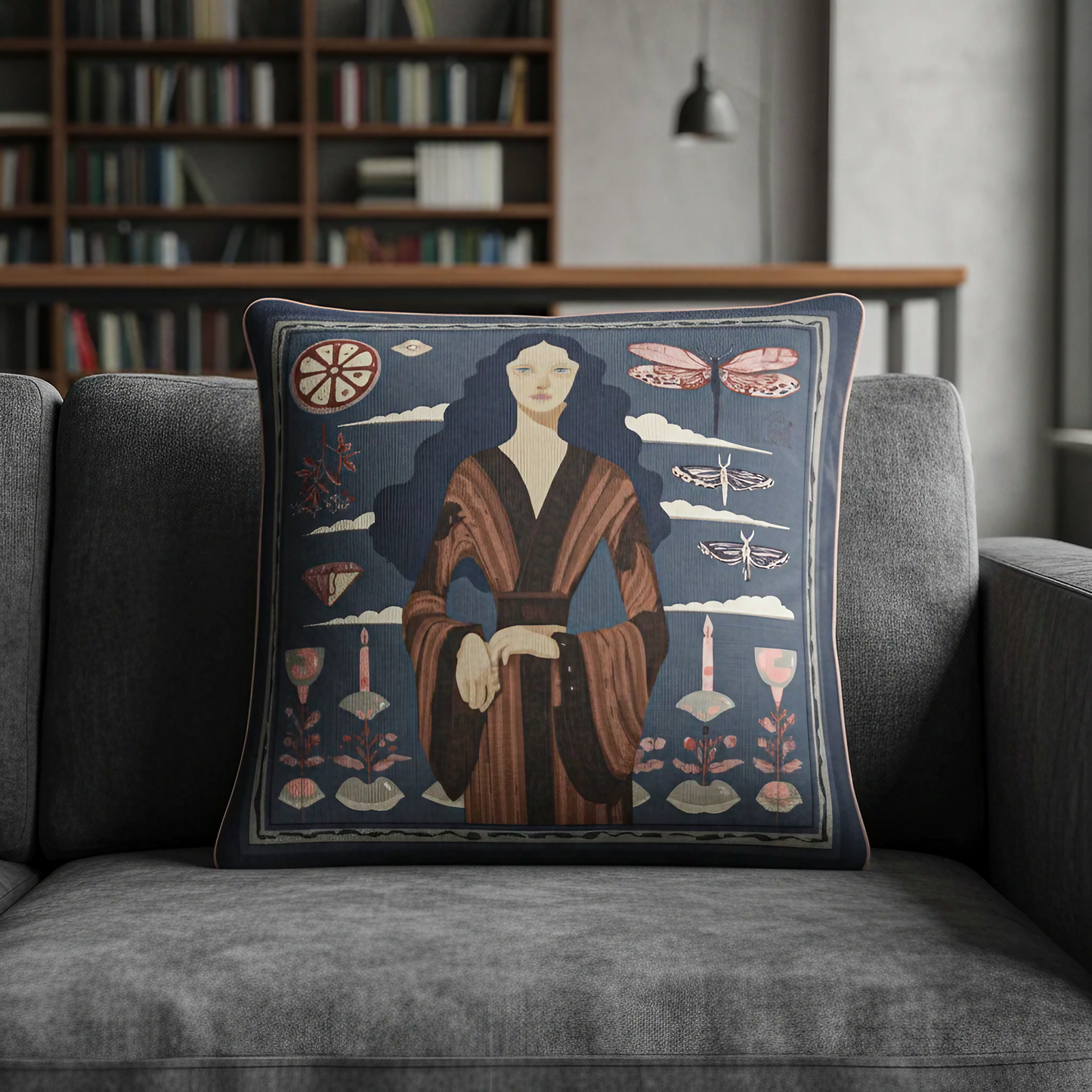 NOE MI premium cushion cover with indigo tones and symbolic elements in soft velvet or twill fabric