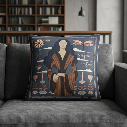 NOE MI premium cushion cover with indigo tones and symbolic elements in soft velvet or twill fabric