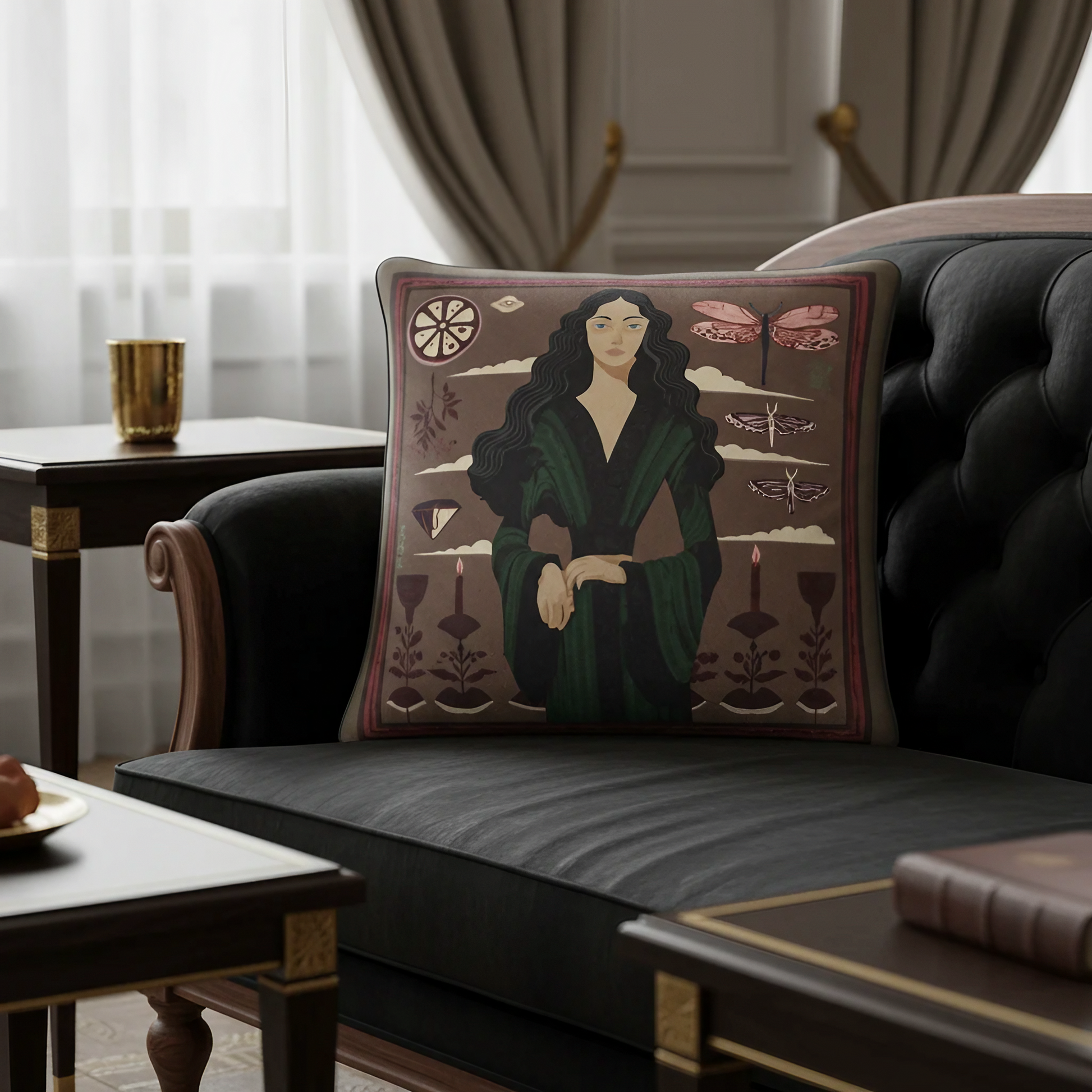 NOE MI artistic square cushion with gothic mood and elegant piping for luxury home decor
