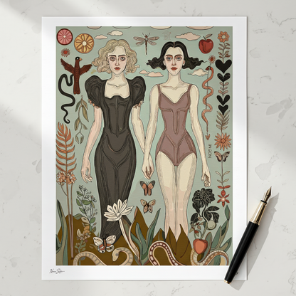 Surreal wall art print featuring two elegant women holding hands, surrounded by mythological and botanical symbols ,ideal for art lovers and collectors. Art By NOE M