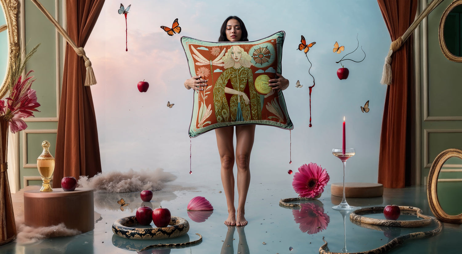 Woman holding a decorative NOE MI velvet pillow in an ornate room with floating objects and a colorful background.