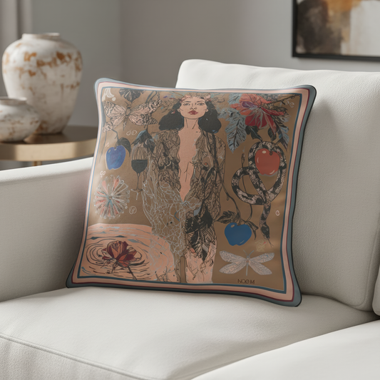 NOE MI designer cushion in velvet with surreal and symbolic motif, perfect for high end interiors, luxury sofas, and statement decorative styling.