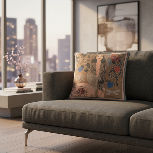NOE MI luxury velvet cushion, artistic design with the artist signature, a contemporary art couture piece for high-end home décor.