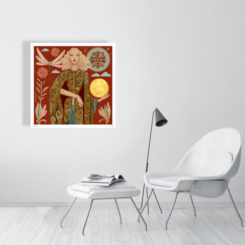 Luxury fine art print Lunar Empress by NOE MI, feminine surrealism illustration with moon, compass, and dragonflies, archival paper collectible for global homes.