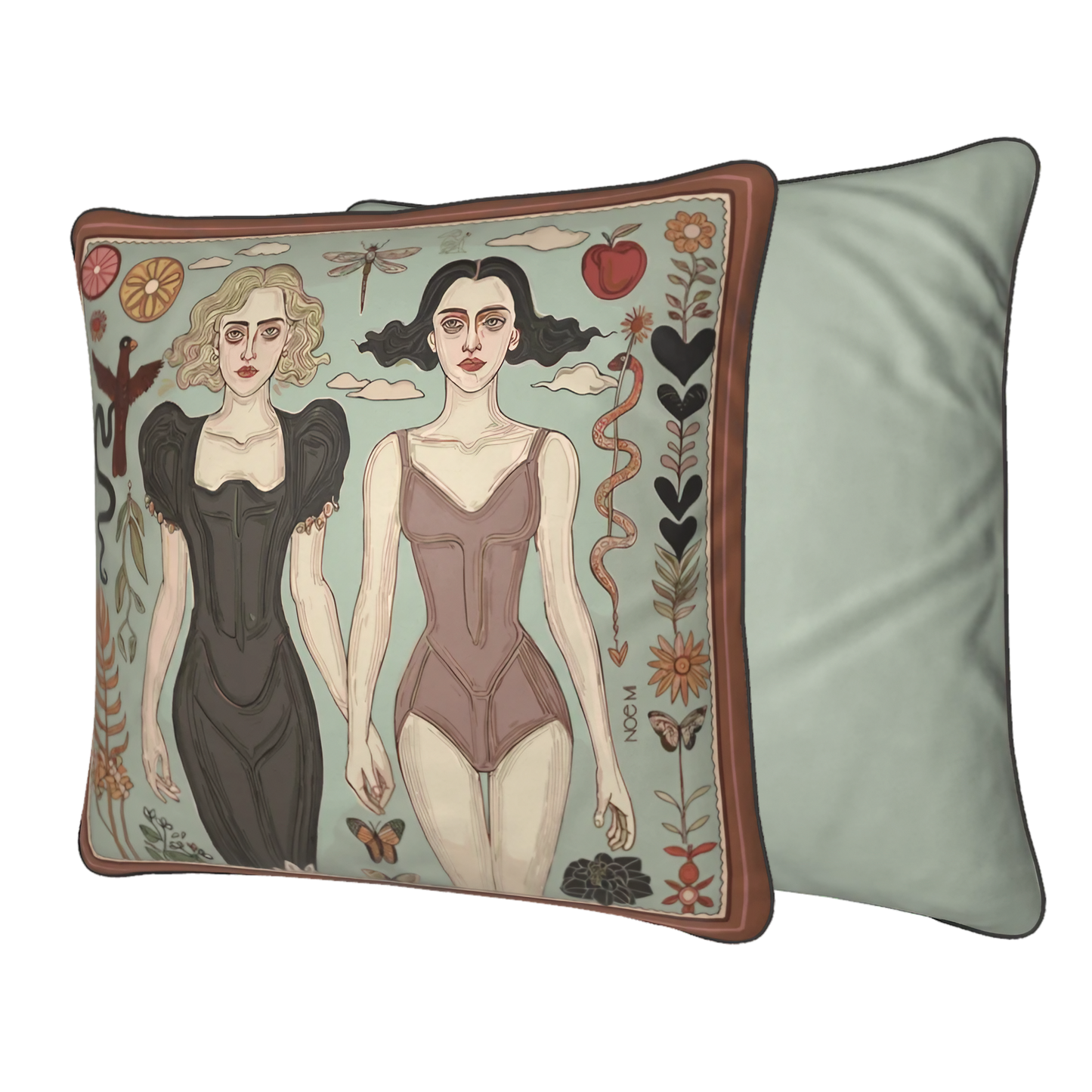 'Double Flame' cushion by NOE MI , a luxurious designer pillow with strong feminine figures and mythological elements.
