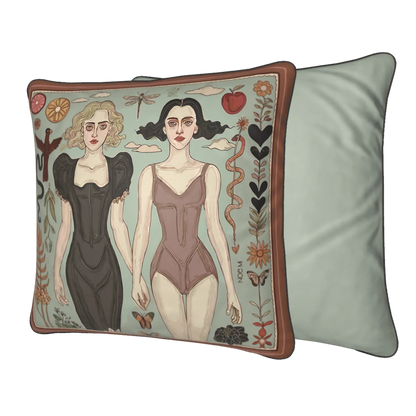 'Double Flame' cushion by NOE MI , a luxurious designer pillow with strong feminine figures and mythological elements.