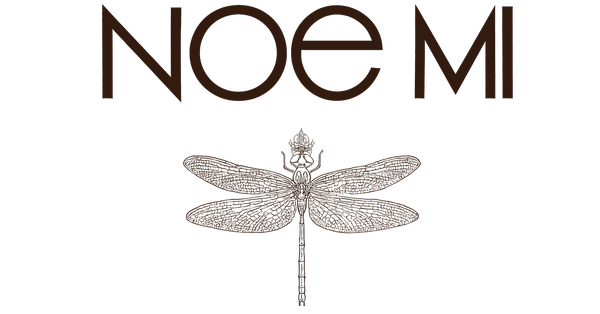 Logo of NOEMI with a dragonfly illustration on a white background