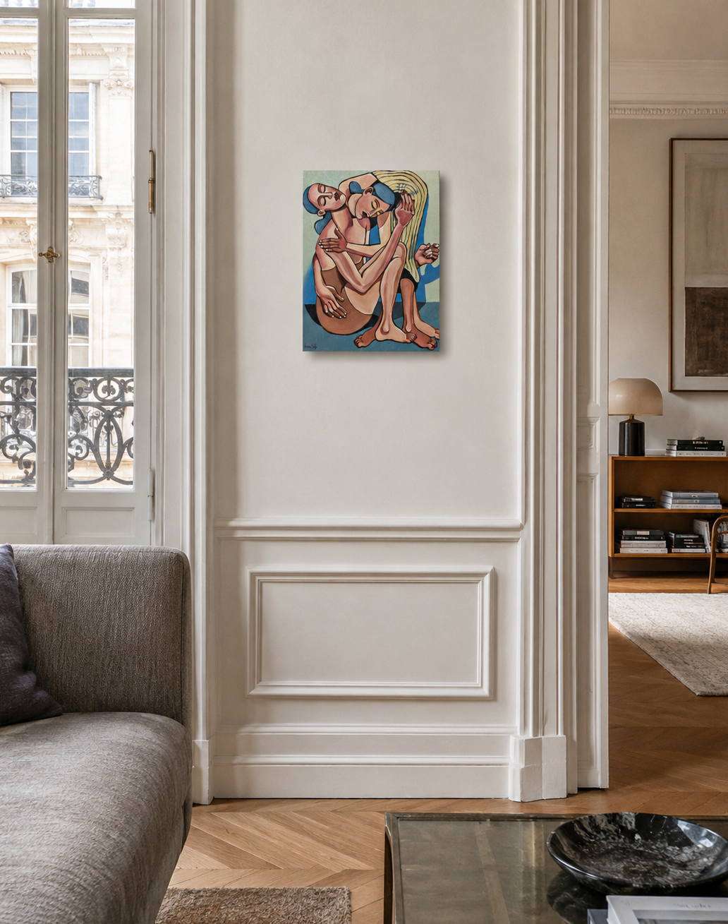 Hold Me by Noemi Safir, original painting from Drama Looks Good on Us, featuring two women locked in a tender and emotionally charged embrace.